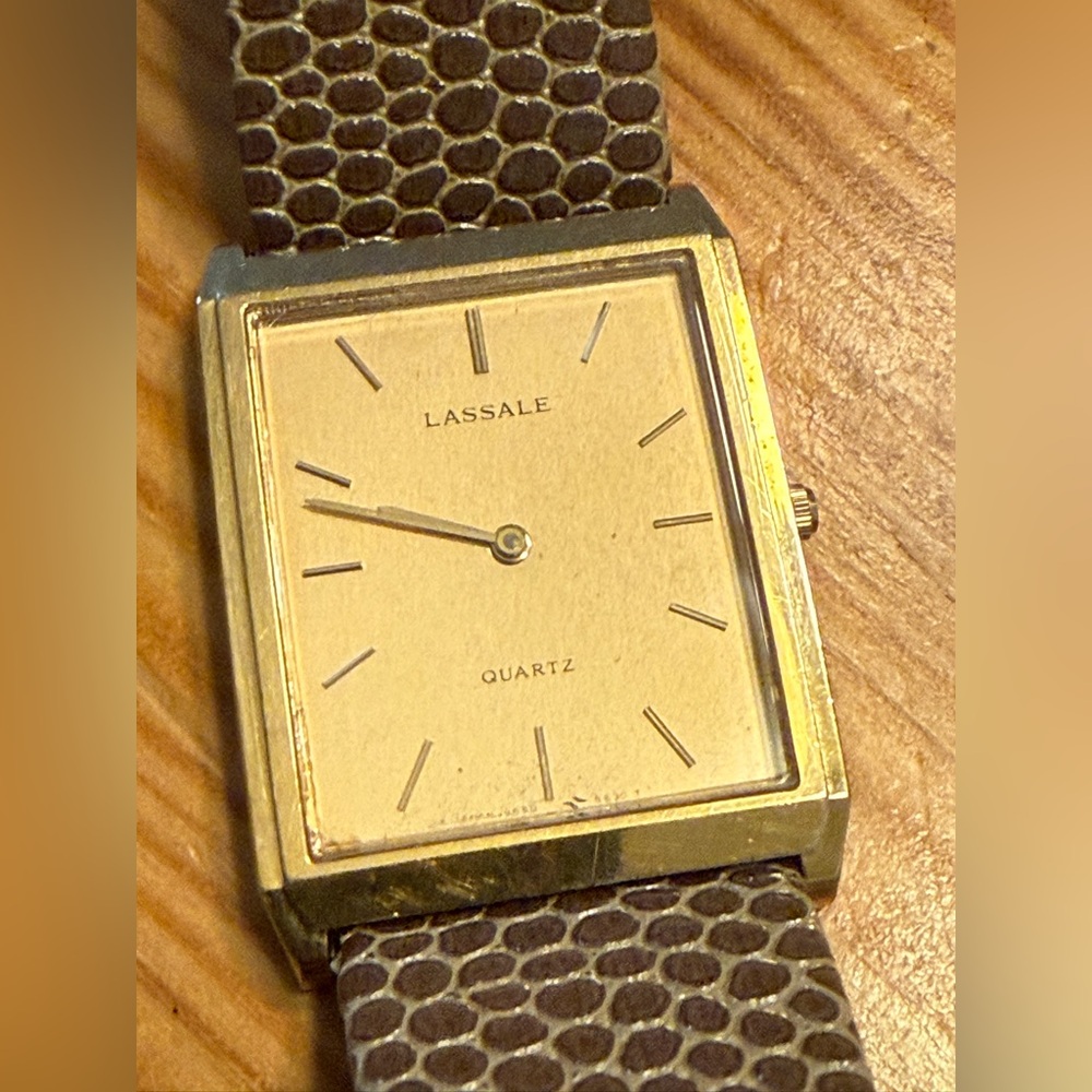 Exquisite Lassale tank watch, gold dial and bezel. 19mm lug. Made in Japan. VGUC